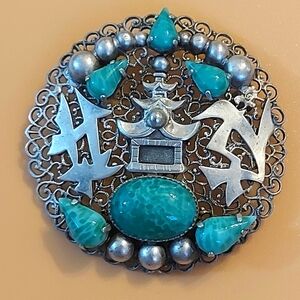 Filigree Peking Mottled Glass Stone Brooch, Max Neiger, Egyptian Revival